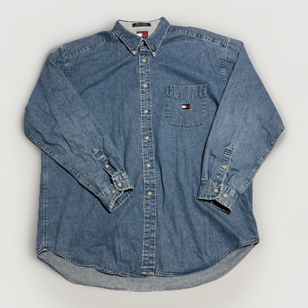 Vtg‎ 90s Tommy Jeans Denim Button Shirt XL Flag Logo Y2K 100% Cotton Long Sleeve